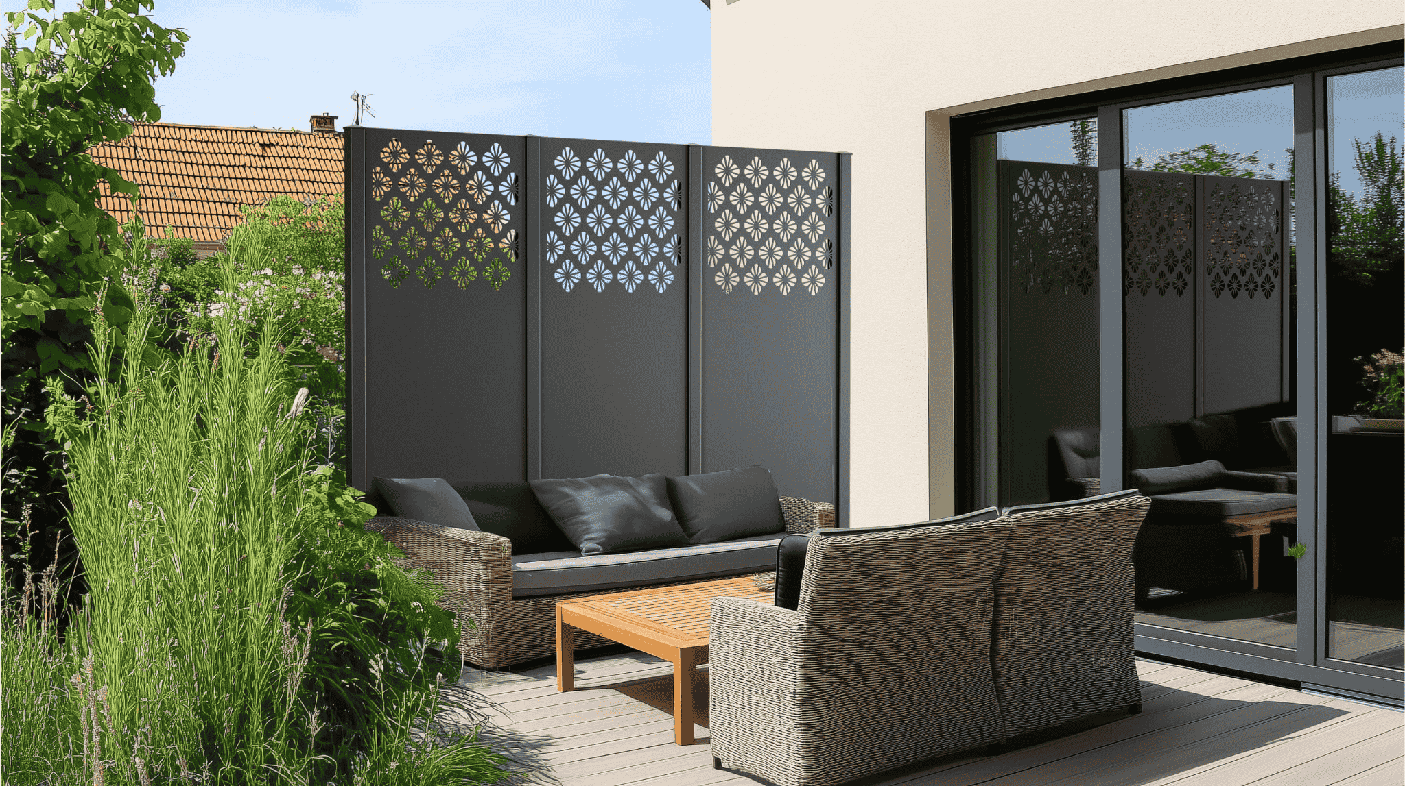 Metallsichtschutz Romna im 3er-Set im Duplex Verfahren beschichtet als eingesetzter Sichtschutz auf der Terrasse