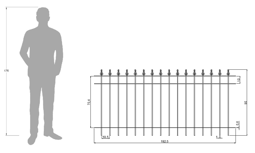 Technische Zeichnung Zaun Pino 192,5cm