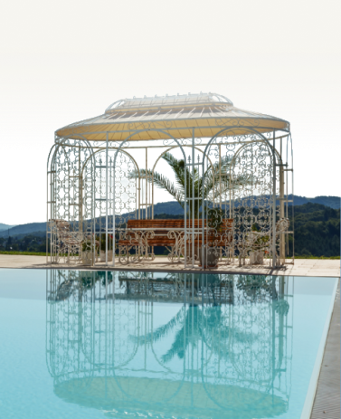 Pavillon Verona vor einem Pool | Pulverbeschichtet Weiß