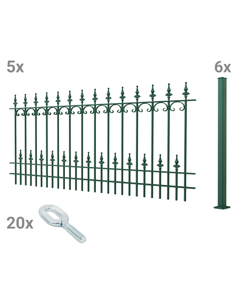 Zaunset Lucca zum Aufschrauben mit Zubehör 3D Modell | Pulverbeschichtet RAL 6005 Moosgrün